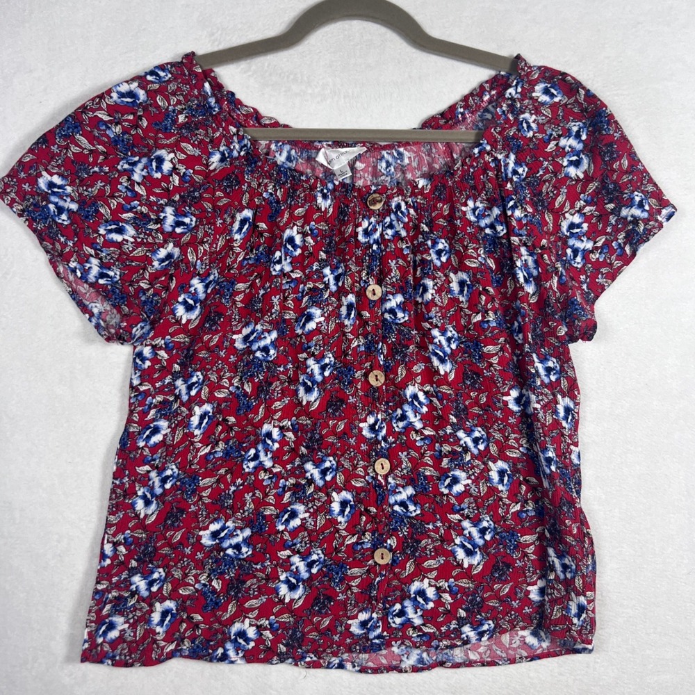 Modern Attraction Red Floral Smocked Button Front Rayon‎ Blouse Womens L Cropped